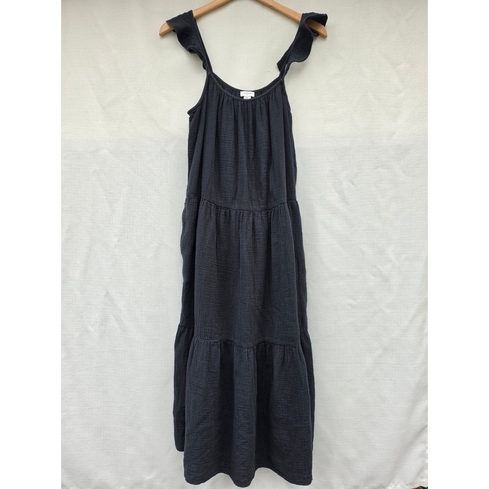 J.Crew Black Double Gauze Tiered Midi Dress Ruffle Strap Medium Cottagecore